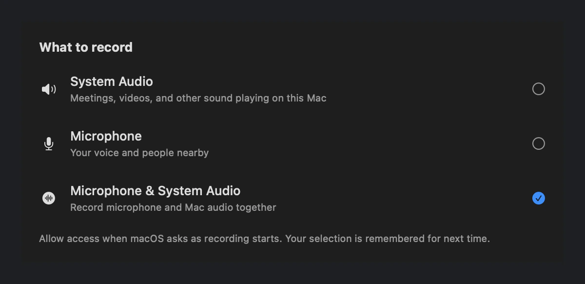 Votel Audio Source panel: System Audio, Microphone, or Microphone & System Audio