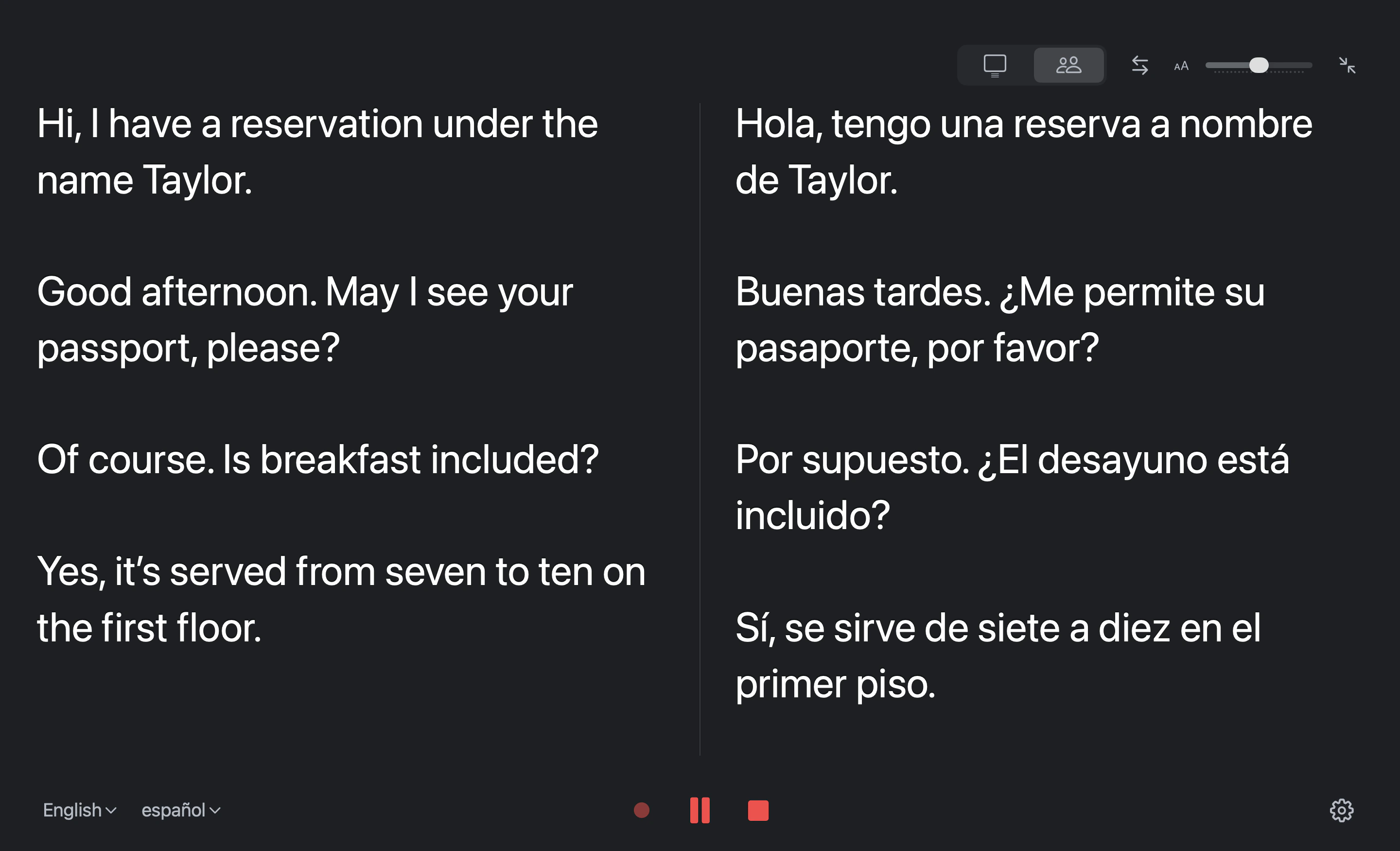 Votel in full-screen Conversation Mode: English in the left column, Spanish in the right column, each line shown on both sides